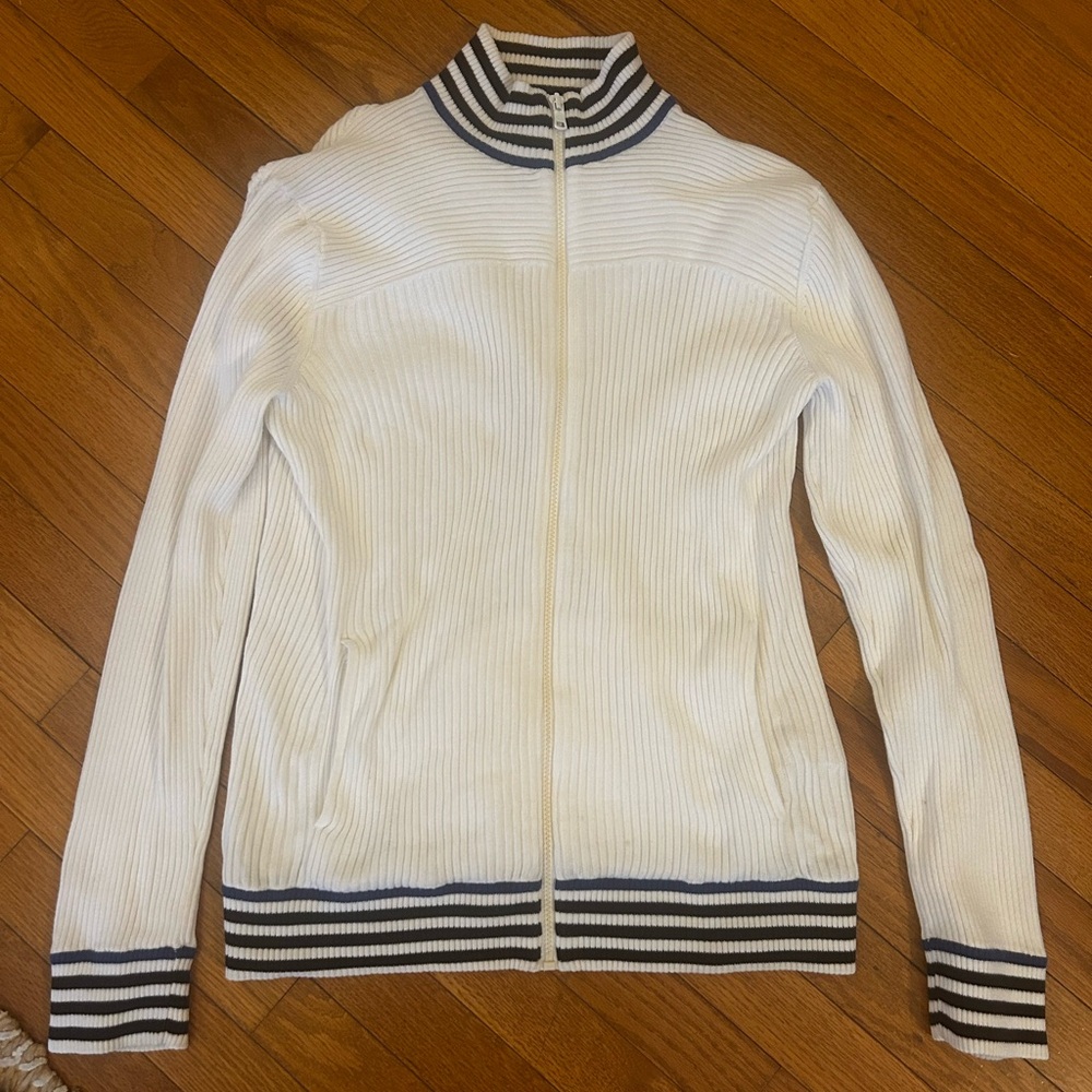 Armani Exchange White Ribbed Varsity Jacket with Black Stripes